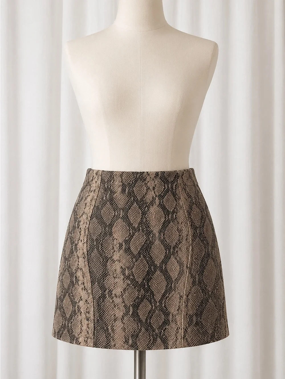 Zara Snakeskin Print High Rise A-Line Mini Skirt Brown Taupe Beige Black Size M
